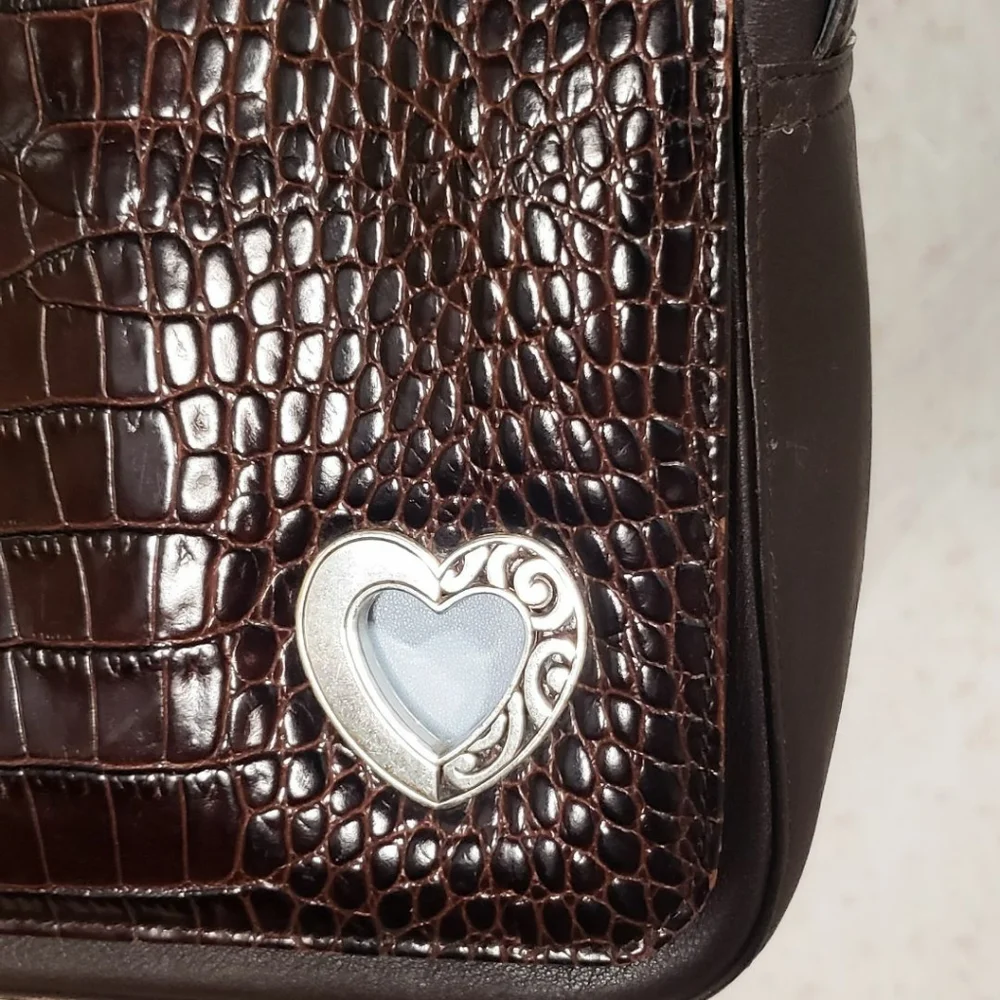 Brighton Brown Leather Crocodile Shoulder Bag Flap Purse Heart Charm Adjustable